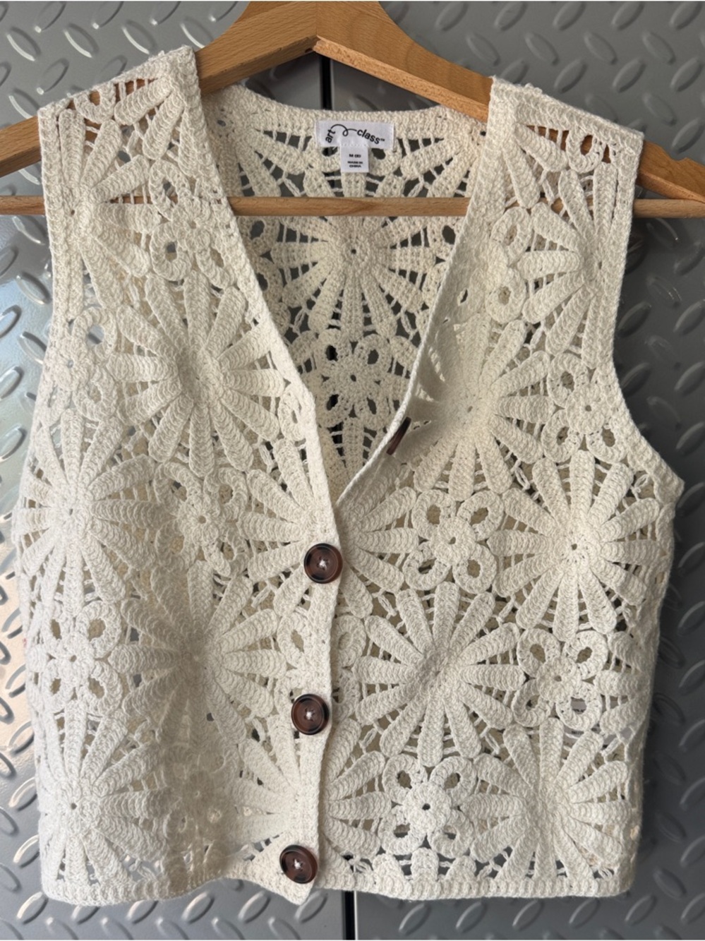 art class Cream Crochet Button Vest